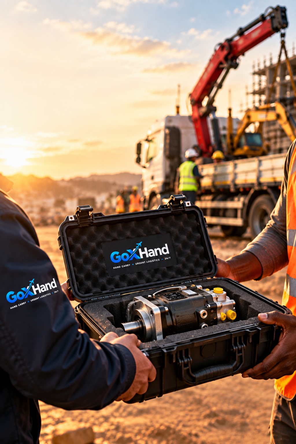 GoXHand illustration: an industrial part handed over in a protective case at a worksite